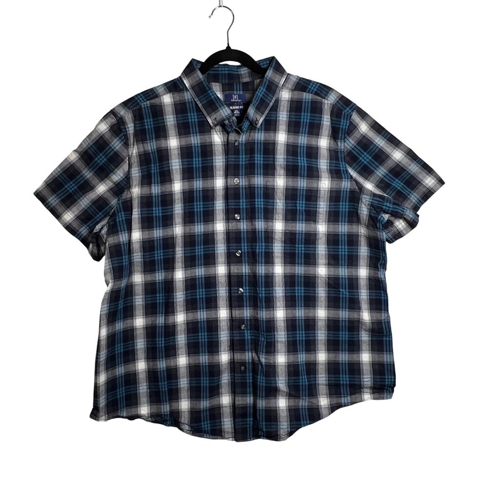 GEORGE Shirt Men 2XL Blue Black Plaid Short Sleeve Cotton Stretch Classic Fit